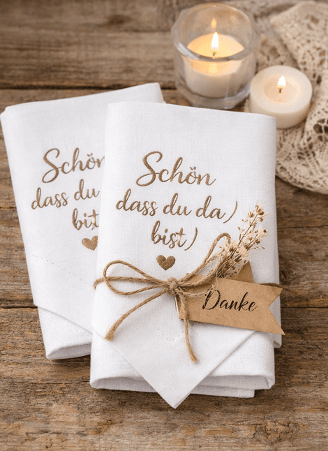 Nahaufnahme einer kunstvoll bestickten Serviette mit Monogramm